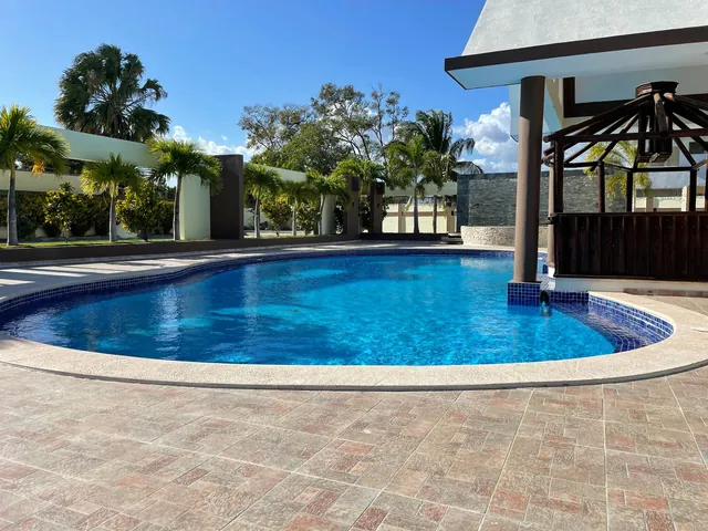 Villa pool and garden with palm trees