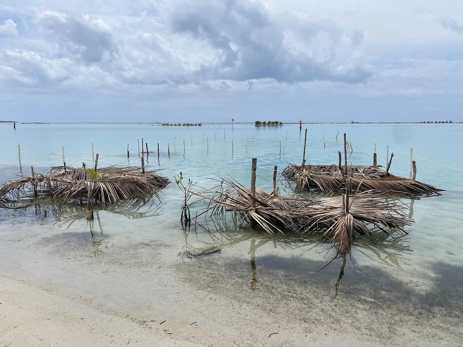 Shallow water and palm-thatch shades at Playa Boca Chica