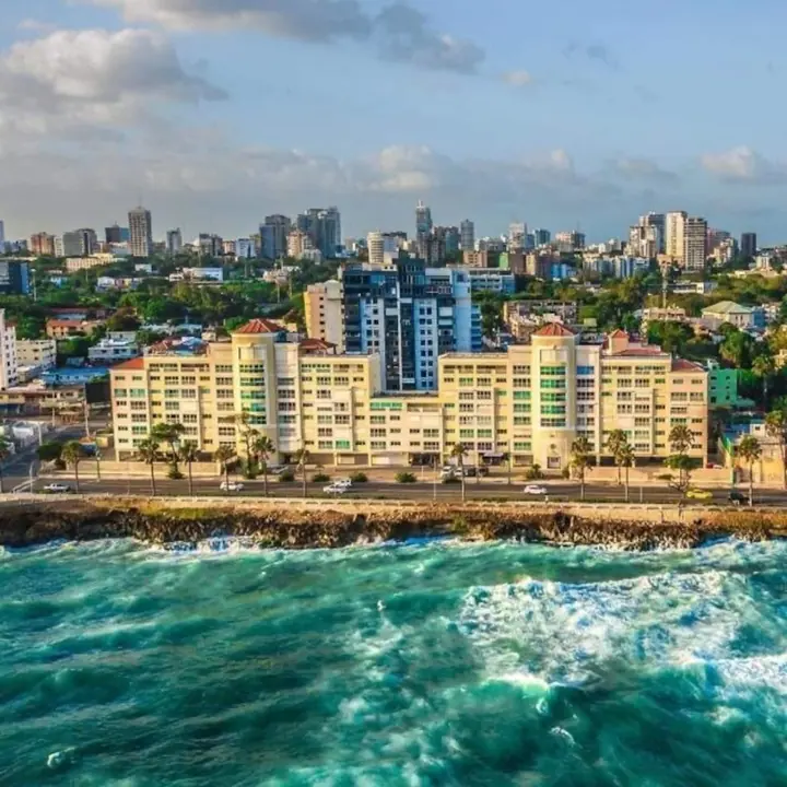 Aerial view of the seafront building on the Santo Domingo coast with the city behind